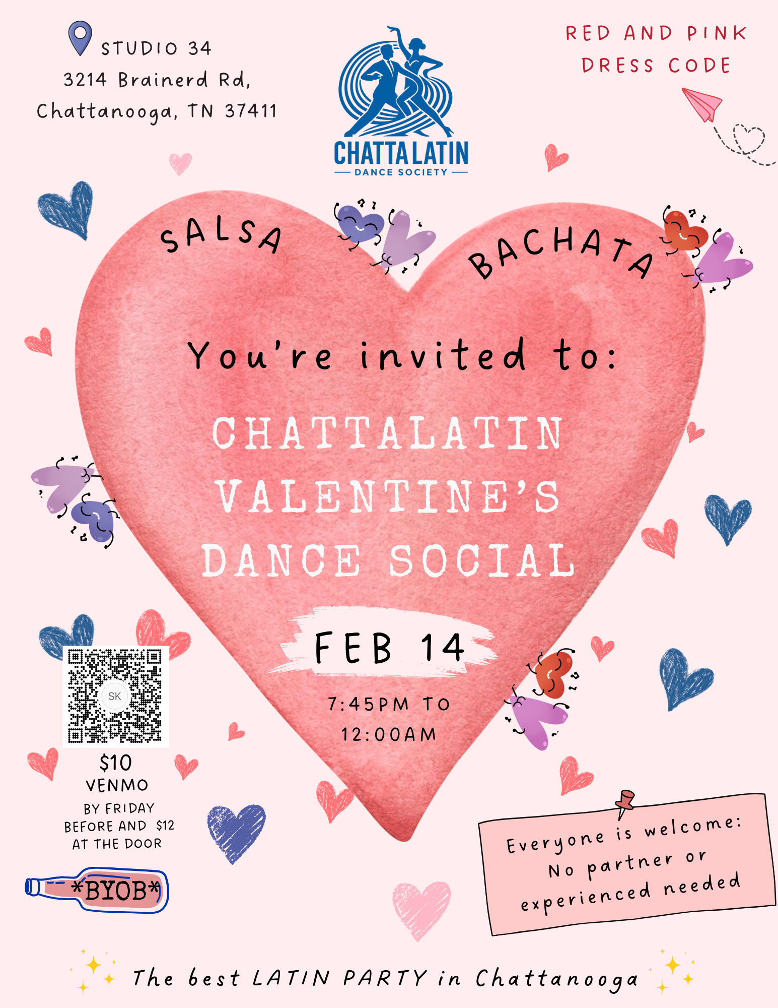 Valentine's Day salsa and bachata social dance event in Chattanooga Tennessee